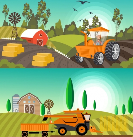 cartoon agriculture field background vector icons machines colored sets farm farming tractor graphic vectors svg ai illustrator commercial landscape format