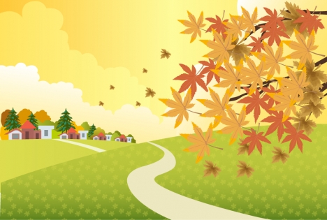 Autumn scenery illustration with falling leaves on hill ...
