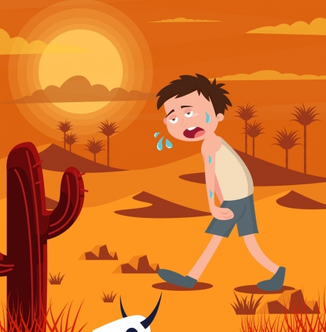 Hot weather background tired boy desert icons decor vectors stock in