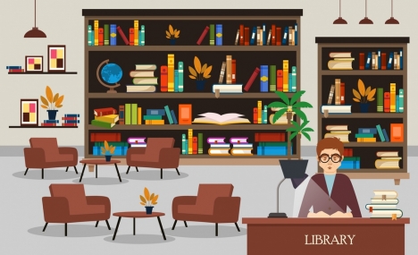 Library drawing bookshelves librarian chairs icons vectors stock in