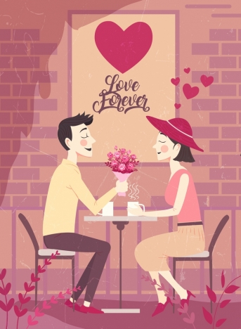 Romance drawing loving couple heart decor colored cartoon vectors stock