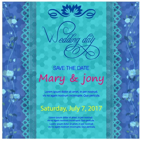 Wedding card design on blurred blue background vectors stock in format