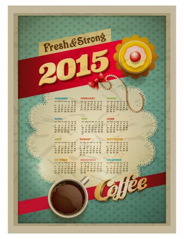 2015 Calendar design template  Vector cup of coffee and cakes..