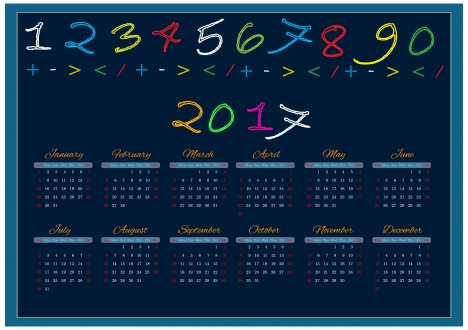 2017 calendar design with colorful chalk letters