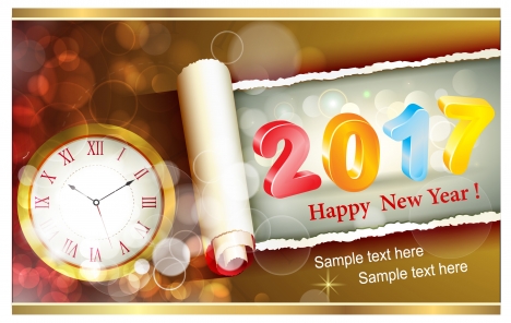 2017 card design with clock and bokeh background
