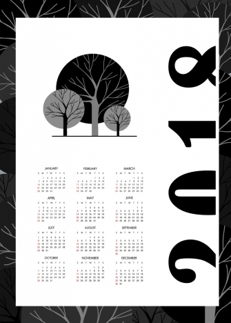 2018 calendar template black white design tree icons