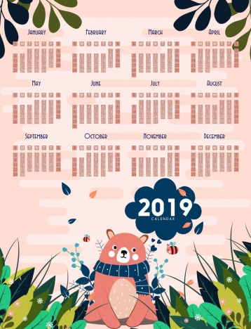 2019 calendar background cute bear bees leaves decoration