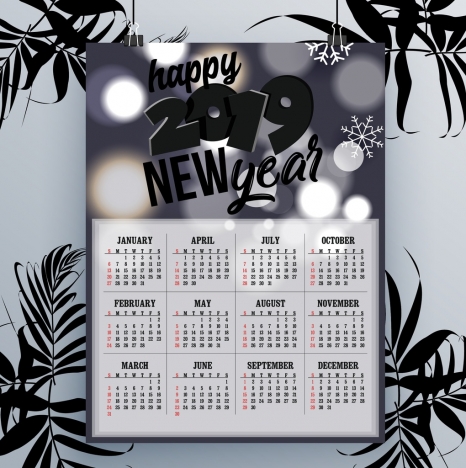 2019 calendar template dark bokeh snowflakes decor