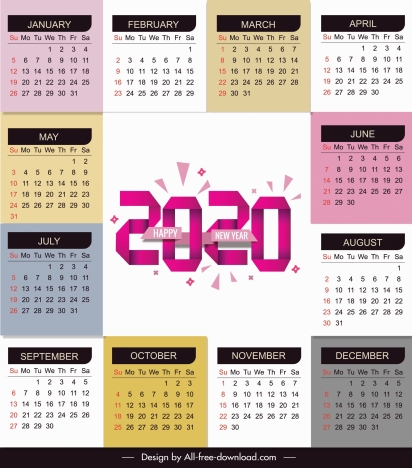 2020 calendar template bright modern colorful plain decor