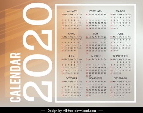 2020 calendar template bright modern plain vertical layout