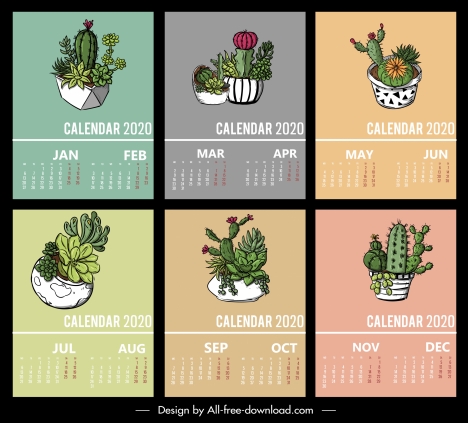2020 calendar template cactus pots decor classic design