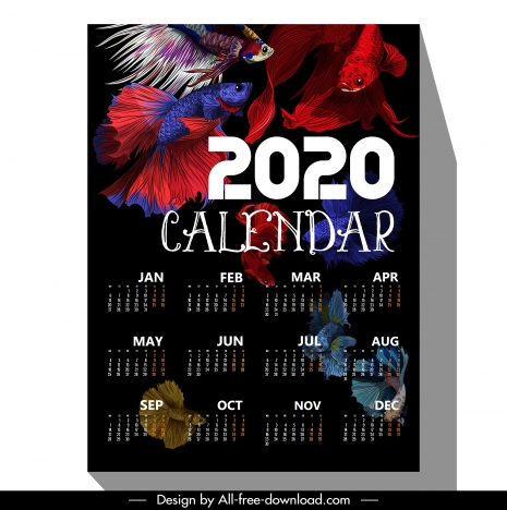 2020 calendar template multicolored ornamental fishes decor