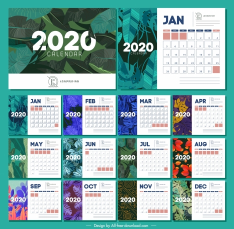 2020 calendar templates nature themes colorful leaves decor