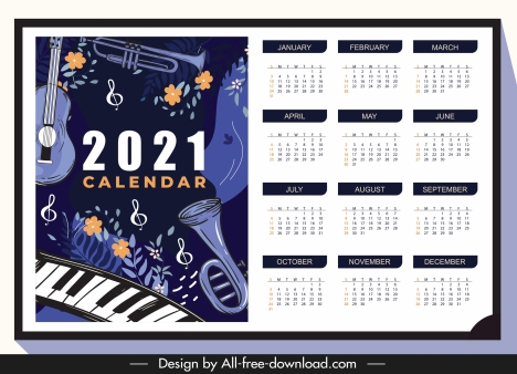 2021 calendar template jazz instruments dark classic