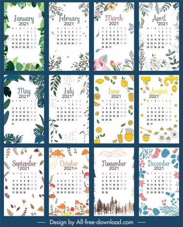2021 calendar template nature elements decor classic handdrawn