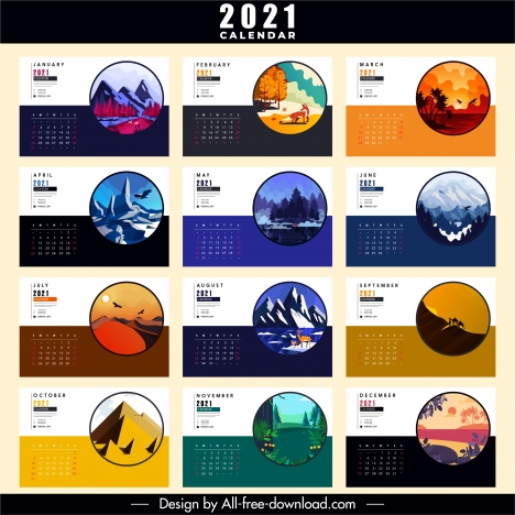 2021 calendar template nature scenery sketch colorful classic