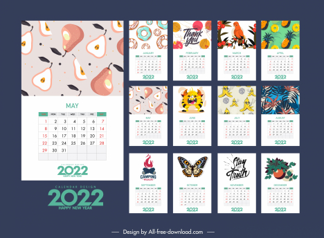 2022 calendar template colorful classic nature elements decor