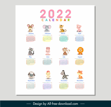 2022 calendar template cute animals sketch