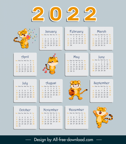2022 calendar template cute baby tigers decor