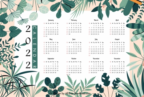 2022 calendar template elegant bright natural leaves decor