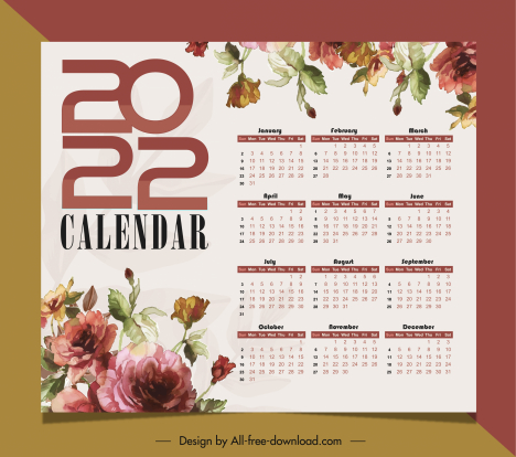 2022 calendar template elegant classical flowers decor