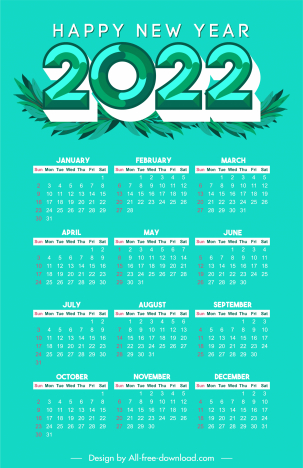 2022 calendar template green leaves grass decor