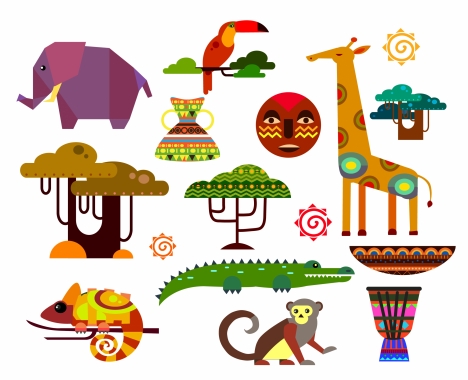 africa icons illustration with flat animals and trees