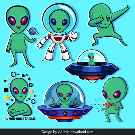 Alien icons funny cartoon characters sketch vectors stock in format for  free download 
