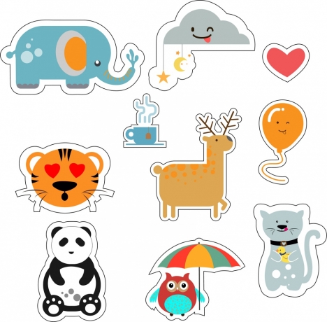 Animal stickers collection various colored flat icons isolation vectors ...