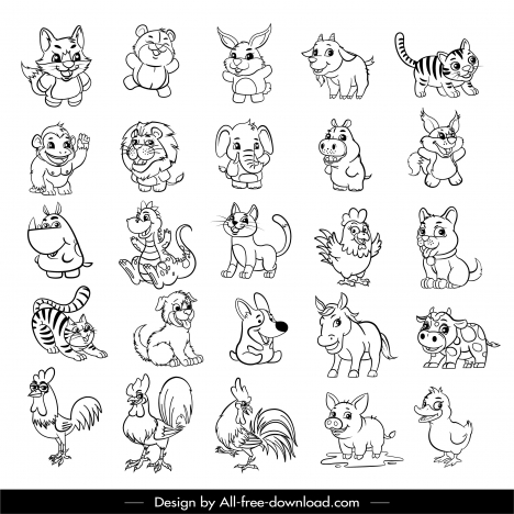 animals icons collection cute black white cartoon sketch