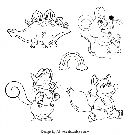 animals icons cute handdrawn cartoon character sketch