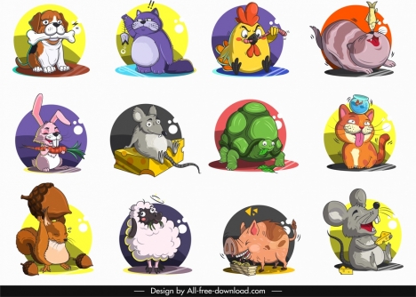 animals icons cute stylized cartoon characters