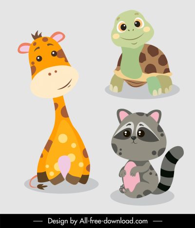 Animals species icons cute cartoon giraffe turtle racoon sketch vectors  stock in format for free download 