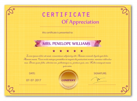 appreciation certificate vector illustration with yellow background