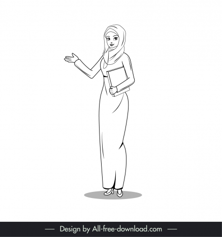 arabic muslim lady icon black white cartoon character outline