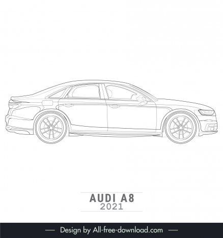 audi a8 2021 lineart template flat black white handdrawn side view outline