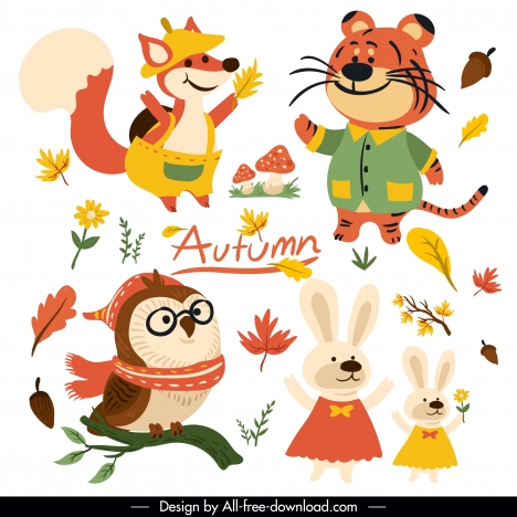 autumn design elements cute stylized animals plants sketch