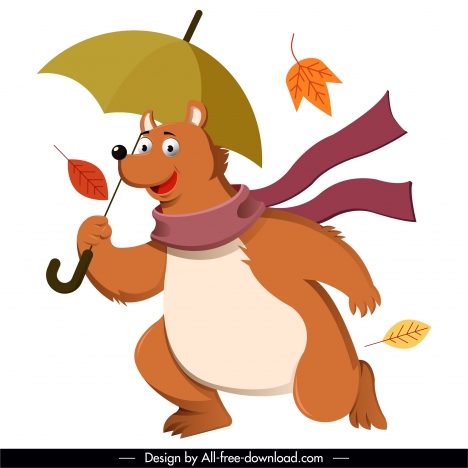autumn icon stylized bear falling leaves cartoon design