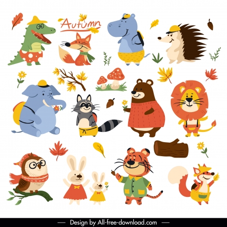 Autumn icons stylized animals leaf sketch cartoon design vectors stock in  format for free download 