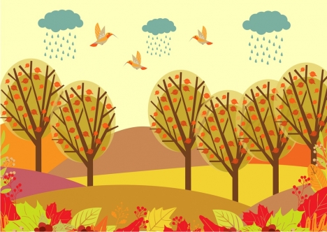 Autumn landscape drawing colorful cartoon birds trees decoration vectors  stock in format for free download 