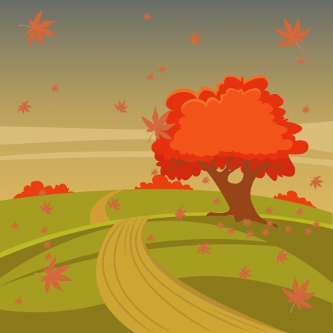 autumn scenery vector illustration with tree on hill