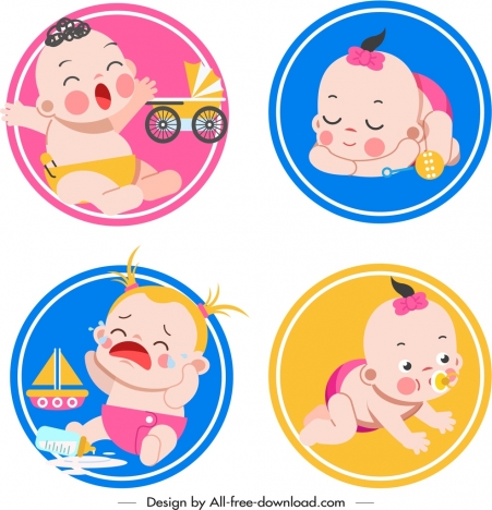 baby icons collection cute cartoon sketch circles isolation