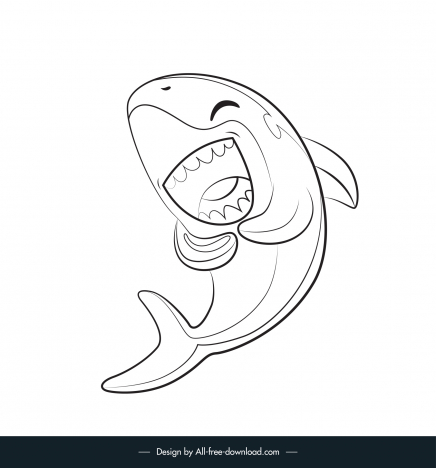 baby shark icon funny dynamic cartoon sketch black white handdrawn outline