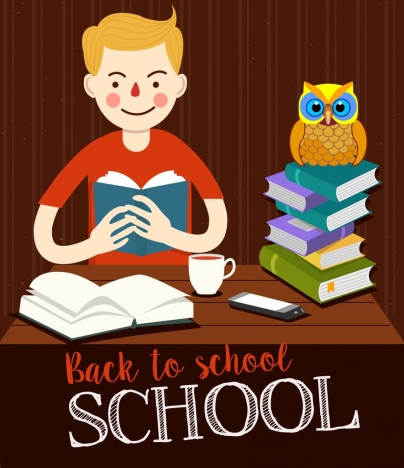 back to school banner boy owl books icons