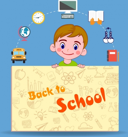 back to school banner handdrawn page boy icons