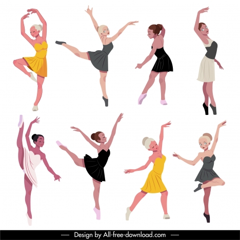 Ballet dancer icons dynamic sketch cartoon character sketch vectors