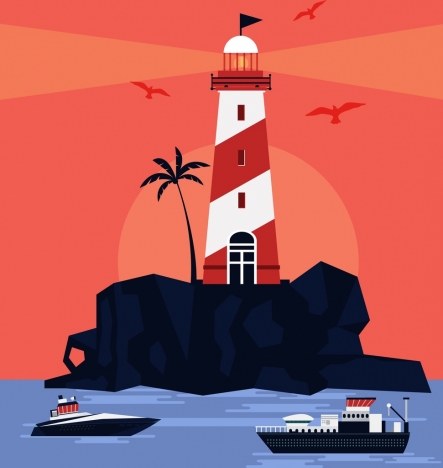 beach painting lighthouse ships icons red decor