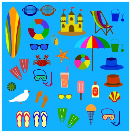 beach symbol icons isolated with various colored types
