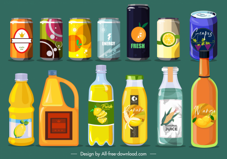 beverage cans bottles icons colorful contemporary sketch