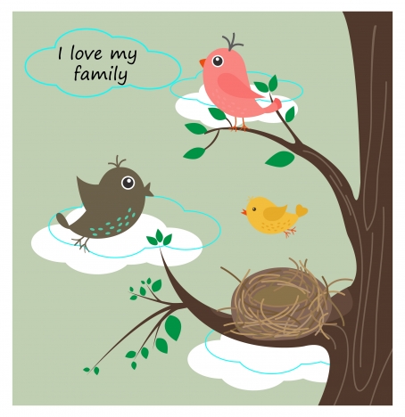 birds family background illustration with text in colors